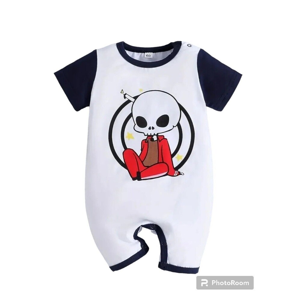 0-3M Halloween Baby Romper - Skull Head Skeleton Graphic Short Sleeve Unisex